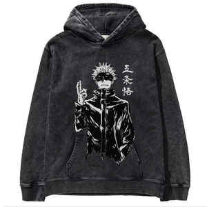 Felpa con Cappuccio Unisex Nera in Cotone con Stampa Digitale Personalizzata, Effetto Vintage Lavato, Pullover con Cartoni Animati, <span class=keywords><strong>Abbigliamento</strong></span> <span class=keywords><strong>Anime</strong></span> - Product Image 1
