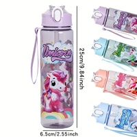 BABYBEAN Bouteille d'eau en PC de 750 ml avec paille, couvercle anti-poussière, verrou de sécurité, anti-fuite, réutilisable, design minimaliste, transparente, imprimé poney mignon