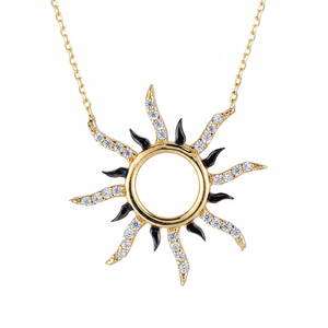 14K <b>Solid</b> <b>Gold</b> Shining Sun Charm Necklace Fine Women's Jewellery with Zircon Sun <b>Pendant</b> Number Shape Made in Turkey - Product Image 2