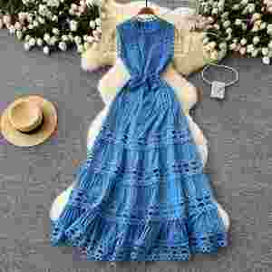 Vestido Maxi Casual de Verano con Cuello Redondo para Mujer, Sin Mangas, Estilo Imperio, Tejido, Línea A, Bordado, Encaje Hueco, Transpirable y Ecológico - Product Image 3