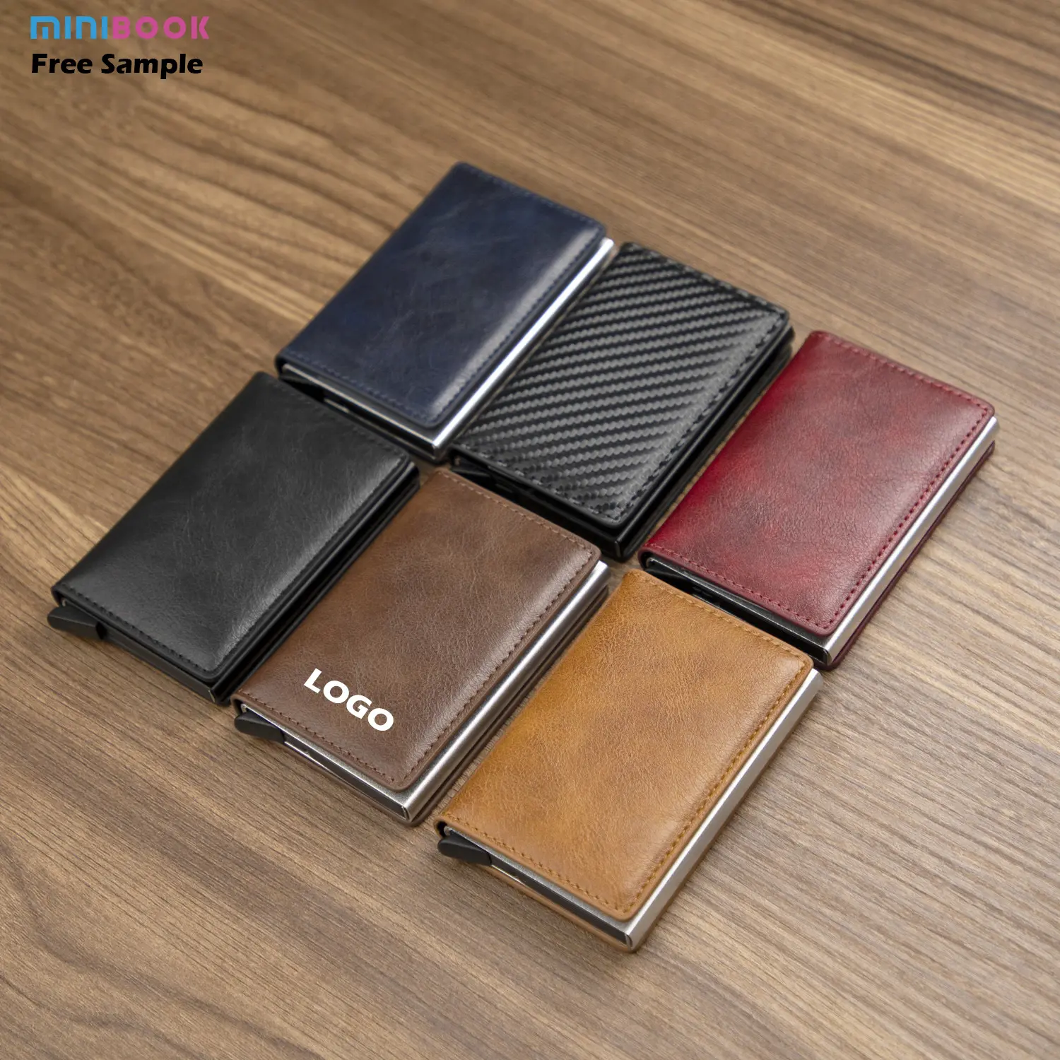 Minebook dompet kartu aluminium Aloi pria, dompet kartu kredit lengan pemegang kartu ID kulit Anti Maling Rfid kustom Pop Up untuk pria