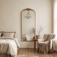 Miroir vintage pleine longueur : 23,5 x 56 pouces, en laiton doré, long et arqué