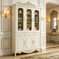 Bibliothèque sculptée européenne blanche, vitrine avec portes vitrées, étagère vintage de rangement pour salon, villa, maison, vente en gros