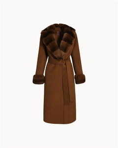 <strong>Full</strong> <strong>Length</strong> Cashmere-wool Blend Coat with Rex Rabbit Fur Collar and Cuffs Dyed Chinchilla Color Brown Cashmere <strong>Cardigan</strong> Women's - Product Image 4