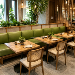 ชุดโต๊ะและเก้าอี้ร้านอาหาร<span class=keywords><strong>แบบ</strong></span>สั่งทำพิเศษ พร้อมที่นั่งบุหนังและโต๊ะรับประทานอา<span class=keywords><strong>หา</strong></span>รแบบยาว - Product Image 1