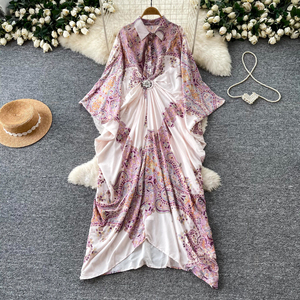 女性の夏の花柄プリントバットウィングスリーブツイストフロントルーズカジュアルシャツマキシドレス休暇用 - Product Image 3