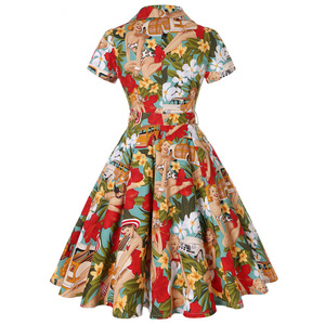 1950 stile retrò da <span class=keywords><strong>donna</strong></span> con stampa scollo a V abito estivo Vintage a maniche corte con fiocco e cintura da <span class=keywords><strong>donna</strong></span> - Product Image 2