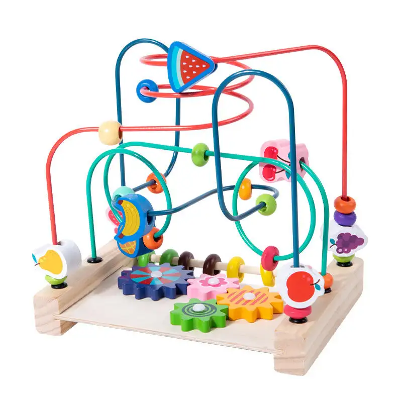 Multifunctional Fruits Slide Maze Beads Toys For Kids Colorful Educational Wooden Twined Bead Maze Toy