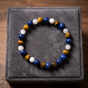 Bracelet extensible en pierres naturelles Lapis Lazuli, Œil de Tigre et Quartz, bijou unisexe élastique - Product Image 2