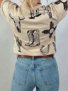 Camiseta de manga corta para <span class=keywords><strong>mujer</strong></span>, estilo western, cuello redondo, con estampado de cactus, botas, herraduras y calaveras, informal, vintage, estilo vaquera, blusa de verano - Product Image 5