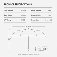 Mini parapluie pliant nano hydrofuge de 88,5 cm de diamètre, 215 g, UPF 50+, compact, 19,5 cm, cadeaux d'affaires, manche en bois, 800 mm