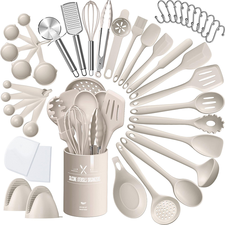 Utensilios de cocina de silicona, juego combinado de cortador de 43 piezas, utensilios de cocina con mango de madera, juego de cuchillos de acero inoxidable con almacenamiento