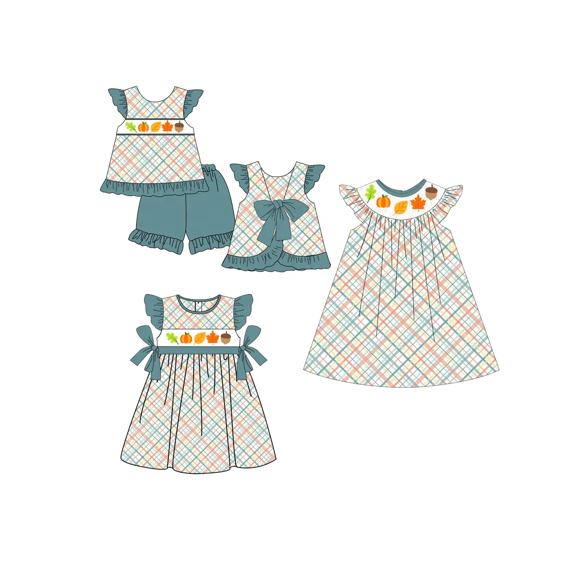 New design custom Cartoon pumpkin embroidery ruffle sleeves baby girl Summer Teen Girl Clothing Set