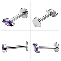 Piercing Labret en Titane ASTM F136 G23 avec Zircon Cubique Violet Marquise, Plaqué Or, Filetage Interne, pour Cartilage, Tragus, Hélix, Conch