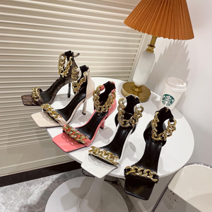 Sandales d'été pour femmes à talons hauts avec fermeture éclair, chaîne métallique à la cheville, bout carré ouvert – Grande Vente - Product Image 6