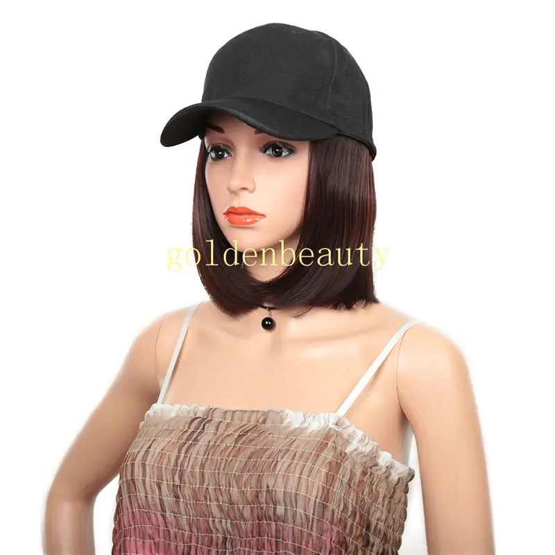 Bob style short Hat wigs with Synthetic Hair Extension straight hair All-in-one Female Hat Cap Wig