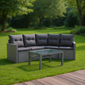 Ensemble de canapés de jardin en rotin gris, structure en acier, verre trempé, mobilier d'extérieur, 6 places, design contemporain - Product Image 2