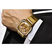 Forsining Montre Homme Mécanique Automatique Transparente avec Aiguilles Lumineuses et Bracelet en Cuir Doré – Marque de Luxe