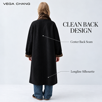 Veste longue en tissu imitation laine noire à revers pour femme VEGA CHANG, doublure à carreaux, poignets contrastés, grandes poches latérales, manteau d'hiver