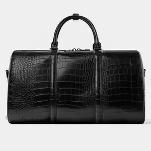 Men's Black Genuine Crocodile Leather Cowhide Large Hand Carry Manufacturer Designer Luggage Bag