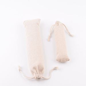 Sacs à cordon en toile de coton blanc écologique pour vaisselle en paille de bambou avec impression de logo personnalisé, petits sacs longs en coton et lin - Product Image 3