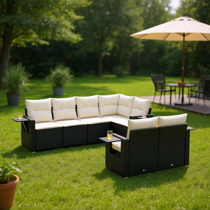 Conjunto de Sofás Modulares para Jardín en Ratán Sintético Negro y Blanco Crema con Cojines de Espuma de Alta Densidad para Uso en Exteriores - Product Image 2