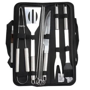 Tas nilon alat panggang BBQ, peralatan panggang bbq snap on, set wity stainless steel 9 buah