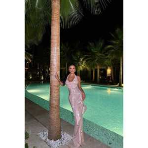 Robe de soirée longue JOLIE pour femme, couleur poudre, style fête, avec appliques de sequins, en polyester tissé et mousseline, coupe Empire, taille XL - Product Image 6