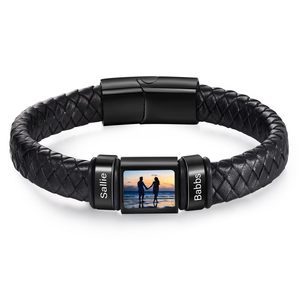 Brassard en <span class=keywords><strong>cuir</strong></span> tressé noir véritable pour hommes, accessoire de <span class=keywords><strong>bracelet</strong></span>, <span class=keywords><strong>bracelet</strong></span> en acier inoxydable, perle gravée, nom imprimé, <span class=keywords><strong>bracelet</strong></span> photo, bricolage personnalisé - Product Image 3