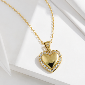 Collier avec pendentif en forme de cœur en acier inoxydable plaqué or 14 carats, bordure en zircon, chaîne à maillons réglable 410+50 mm - Product Image 1