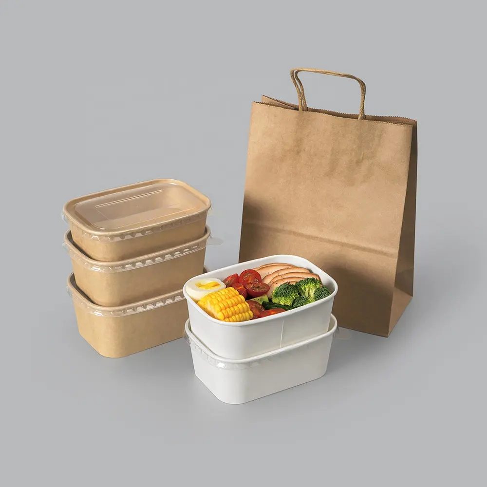 Grosir Kertas Kraft Sekali Pakai Makanan Mengambil Kertas Kotak Makanan Sup Kemasan Mangkuk untuk Restoran Jalan Toko Mobil