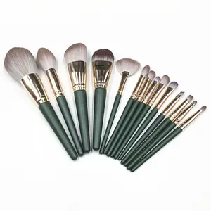 Conjunto de pincéis de maquiagem pro 14 peças, kits macios verdes, para cabelo sintético, base, blush, sombra de olho