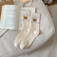 Chaussettes en polaire douces et chaudes pour l'automne et l'hiver, motif ours de dessin animé, mi-mollet pour femme, chaussettes pour femme, chaussettes en molleton