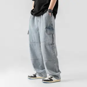 Calça jeans masculina de bolso grande com design de emenda personalizada para homens, calça jeans lavada OEM por atacado