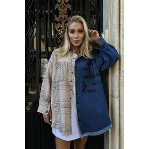 Camisas de Mezclilla Beige Estilo Vintage al por Mayor, Talla XL, Casuales para Uso Diario, de Algodón y Poliéster, Largas, con Botones, Logotipo y Borlas - Product Image 3