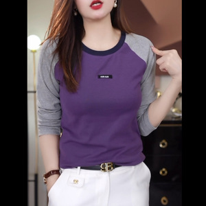 Women's Color-Blocked Raglan Long Sleeve T-Shirt Purple Gray Splicing Breathable Knitted Top Autumn Winter Innerwear - Product Image 1