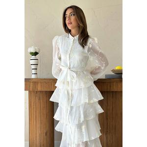 Robe de mariée élégante en mousseline de soie blanche brodée, à col montant, coupe trapèze, ceinturée, style vintage, respirante - Product Image 3