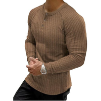T-shirt de sport à manches longues Henley 100% coton pour hommes, col en V coupe ajustée avec bouton, chemises de mode tissées légères