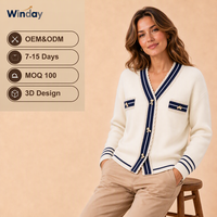 WINDAY Cardigan long pour femme en tricot rayé avec bordure en dentelle, boutons sur le devant, style décontracté, pulls pour femme, logo personnalisé