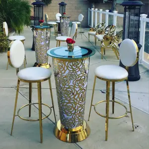 Bar Furniture High Table Luxury Design Flower Pattern Led Light Stainless Steel Bar Tables For Wedding Event