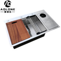 Robinet de cuisine Meiyu ADL-8050H en acier inoxydable brossé fait main, à un seul bac et deux trous, avec accessoires pour lave-tasses, garantie 5 ans