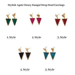 Conjunto de piedras preciosas Druzy de ágata verde genuina última moda forma de triángulo pendientes colgantes hechos a mano - Product Image 2