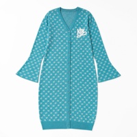Robe grande taille personnalisée pour femme, en maille jacquard turquoise, col en V, broderie chenille, manches évasées, faible MOQ
