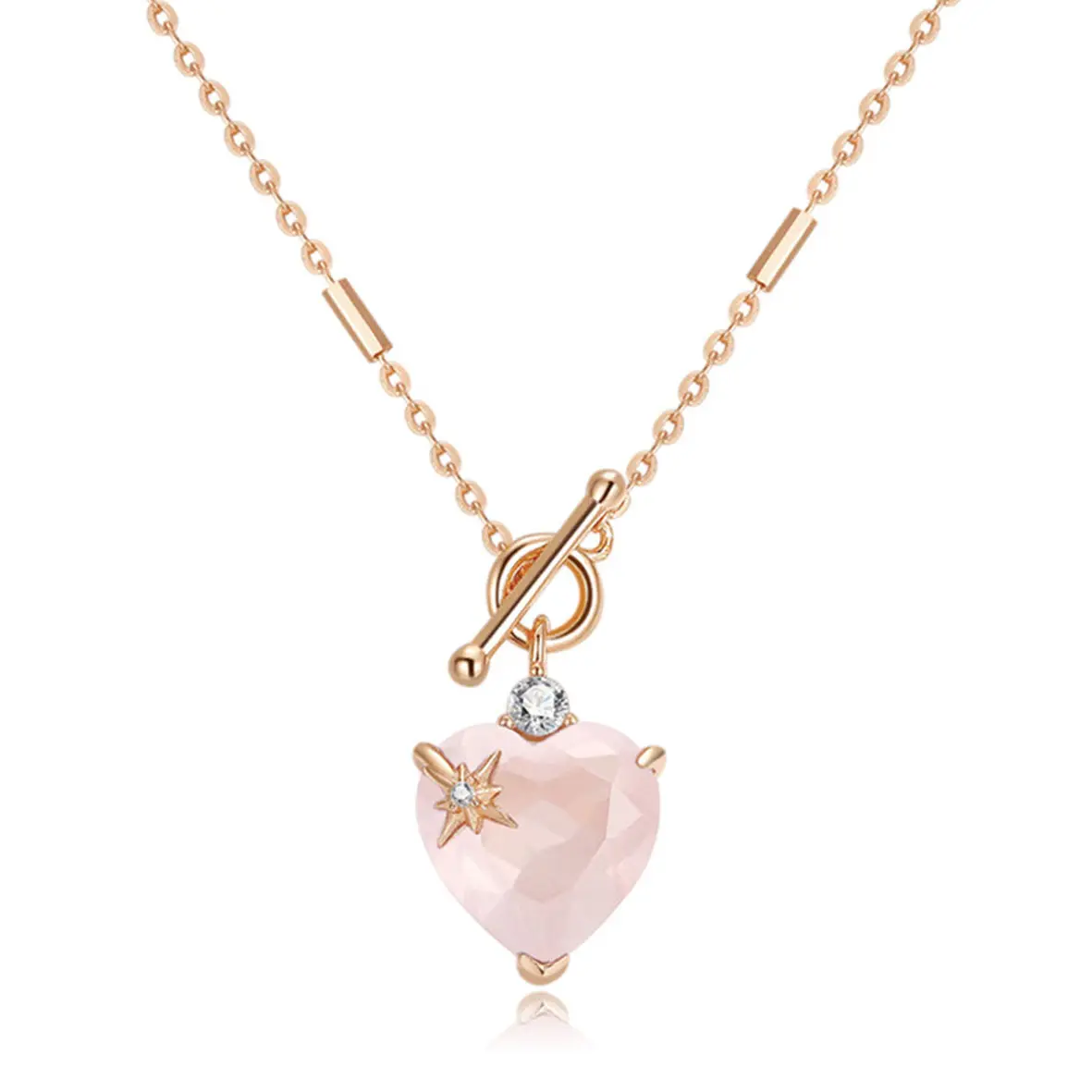 925 Sterling Silver circular CZ Rose Gold Plated Necklace Peach Heart Moonstone Necklace Bead Chain Clasp Necklace