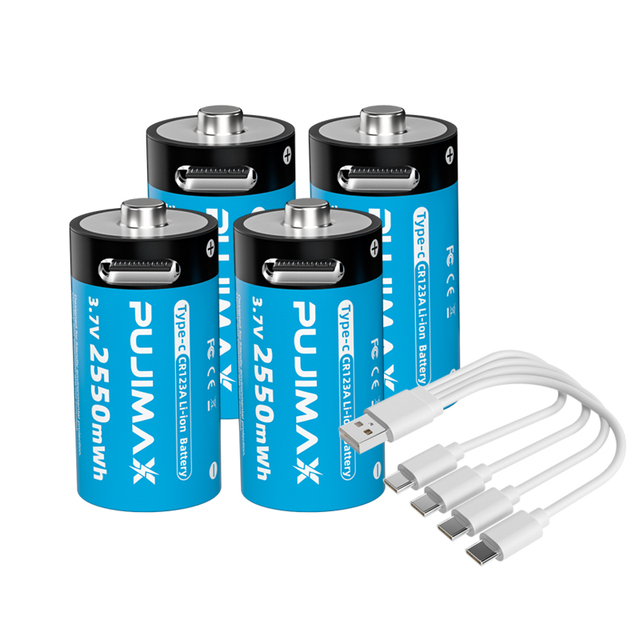 PUJIMAX 3.7v Lithium Cr123a Battery 2550mwh 1pcs Usb c Lithium Ion Battery 16340 Cr123a Rechargeable Battery Charger with Cable