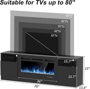 Built-In <strong>Electric</strong> Fireplace Entertainment Center <strong>TV</strong> Cabinet Media Console with Wooden and Glass <strong>Stand</strong> for Living Room - Product Image 2
