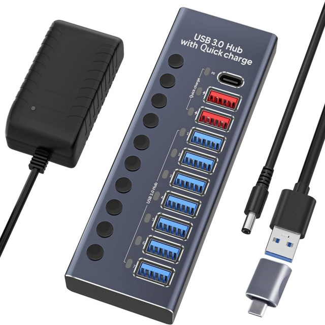 USB 3.0 Hub 10 Ports USB Data Hub Splitter with Individual ON/Off Switches USB Extension for Mouse Keyboard Hard Drive