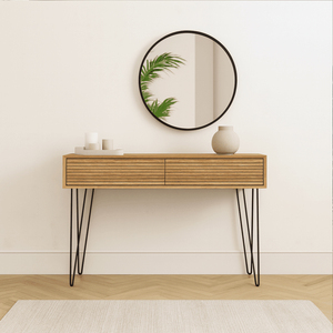 Escritorio de tocador moderno Japandi para maquillaje, 2 cajones, patas de horquilla de madera estriada, muebles de dormitorio, <span class=keywords><strong>precio</strong></span> de fábrica, proveedor - Product Image 4
