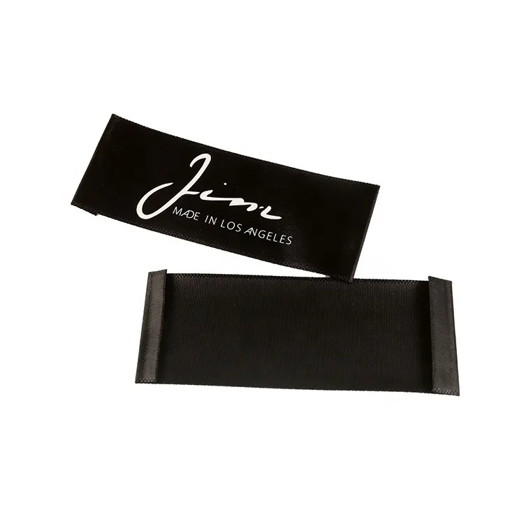 Étiquettes en tissu privées étiquettes de cou imprimées personnalisées logo de marque de bord tissé étiquettes principales de jean en satin noir brillant pour vêtements