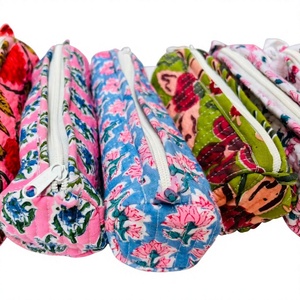 Indian Floral Quilted Cosmetic Pouch Small Cotton Pen Pencil Pouch, <b>Mini</b> Makeup Brush Bag, <b>lipstick</b> storage bag Pencil Case - Product Image 1